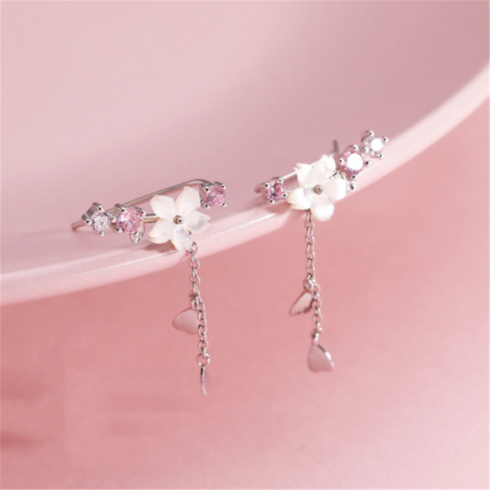Floral Earrings with Pink Stones in Silver