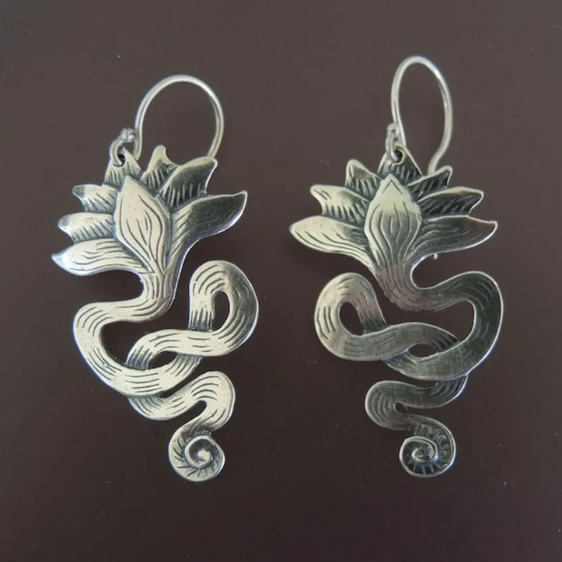 Vintage Floral Snake Earrings in Sterling Silver