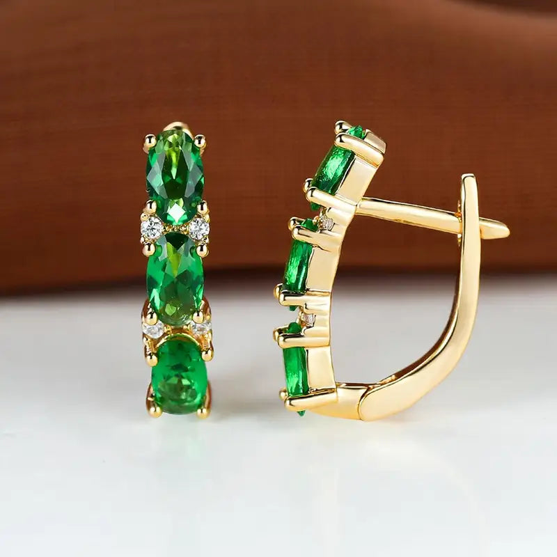 Gold Emerald Vertical Hoop Earrings