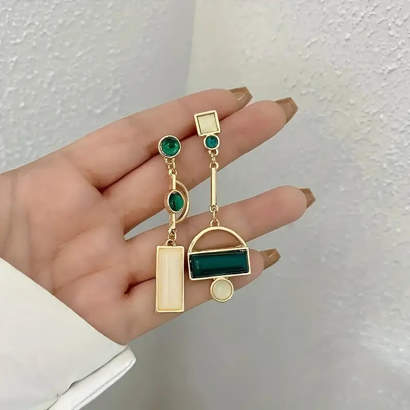 Gold Emerald Geometric Drop Earrings