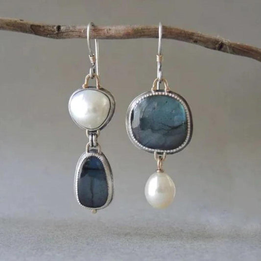 Vintage Blue Natural Stone with Pearl Earrings