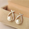 Gold Crisscross Pearl Stud Earrings
