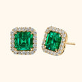 Gold Emerald Square Halo Stud Earrings