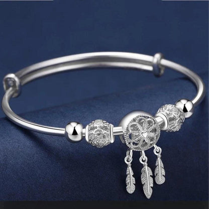 Adjustable Bracelet with Triple Leaf Charms Made of 925 Sterling Silver