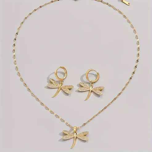 Gold Dragonfly Jewellery Necklace with Bonus Earrings