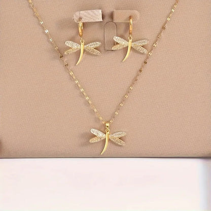 Gold Dragonfly Jewellery Necklace with Bonus Earrings