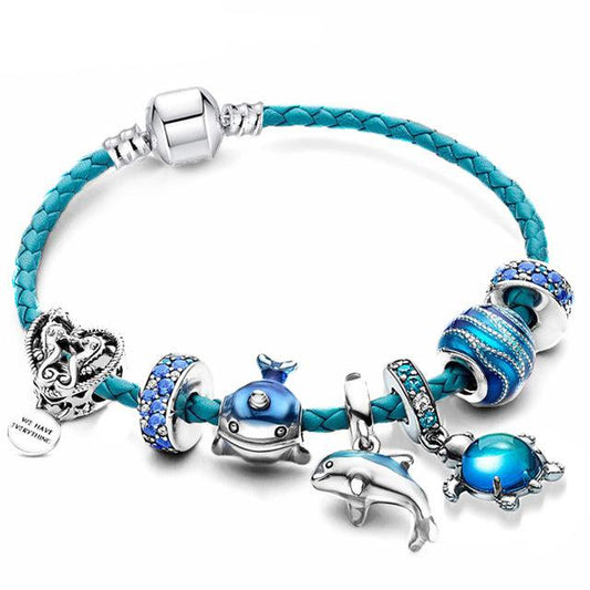 Ocean Style Armband + Charms Included in Leather and Silver