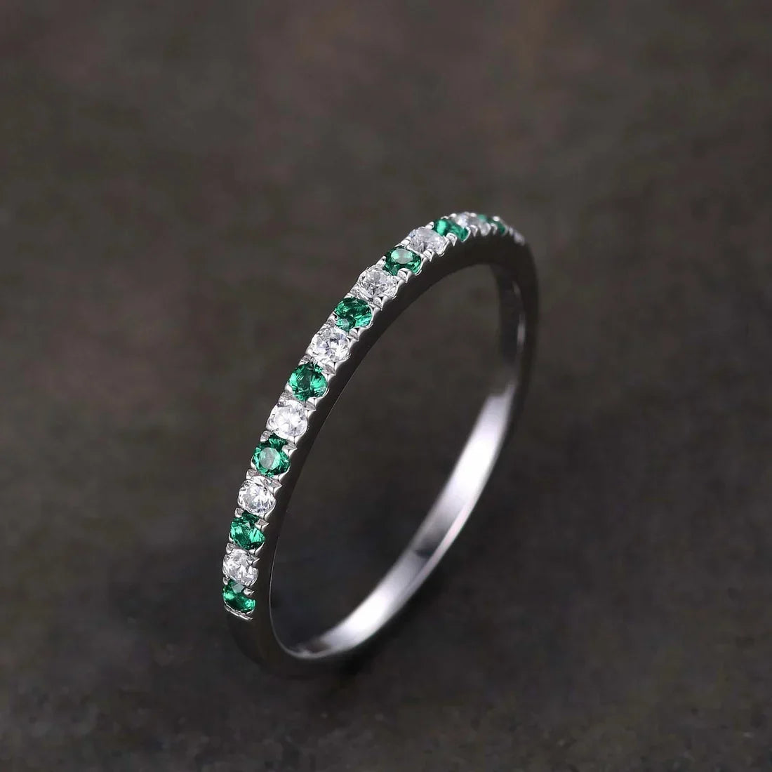 Round Cut Half Eternity Blue and White Sapphire Wedding Ring