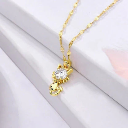 Gold Platted Cat Necklace with Zircon