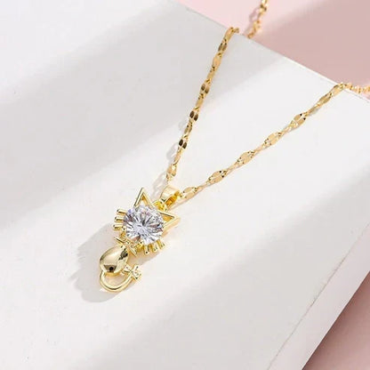 Gold Platted Cat Necklace with Zircon