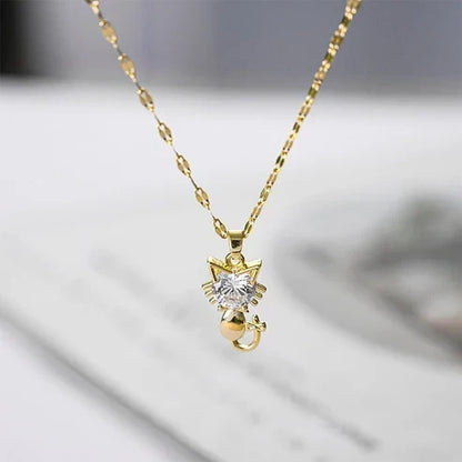 Gold Platted Cat Necklace with Zircon