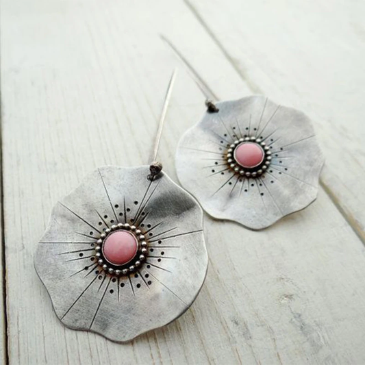Vintage Earrings with Silver Flower Petals and Red Stone