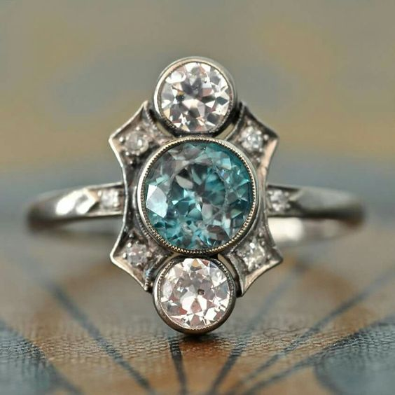 Ring with Blue and White Crystals in Vintage Silver