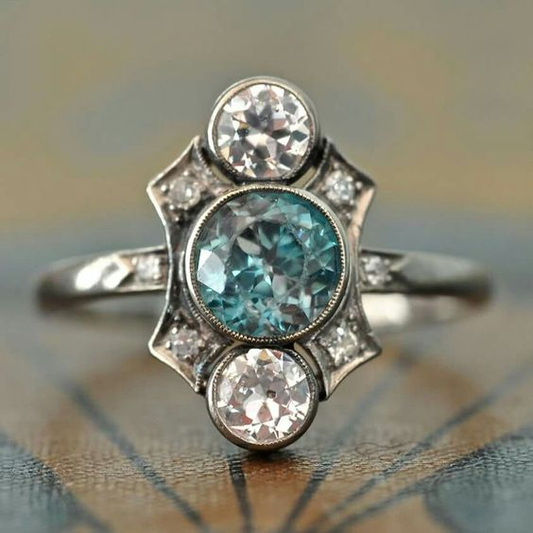 Ring with Blue and White Crystals in Vintage Silver