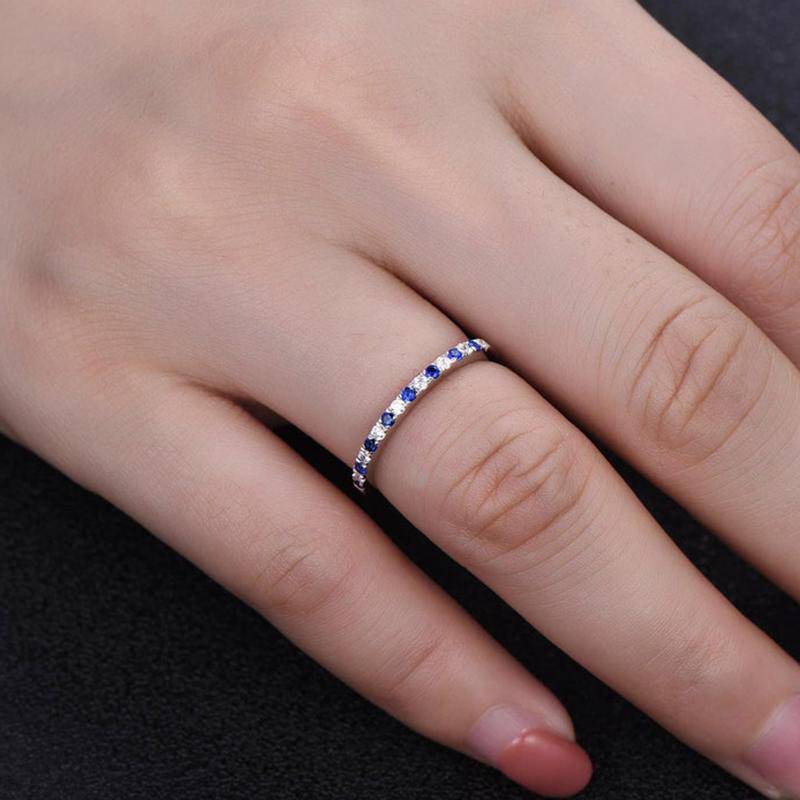Round Cut Half Eternity Blue and White Sapphire Wedding Ring