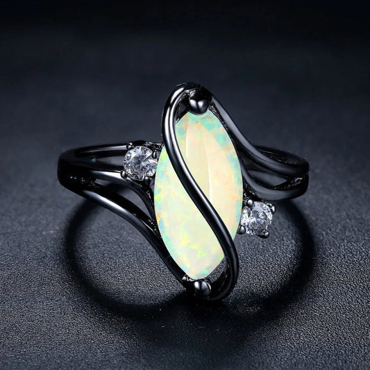 Vintage Black Silver Opal & Crystal Accent Ring