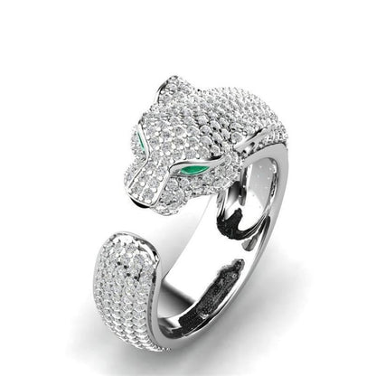 Adjustable Jaguar Ring Made of 18K Silver and 18K Rose Gold with Green Zirconia Eyes
