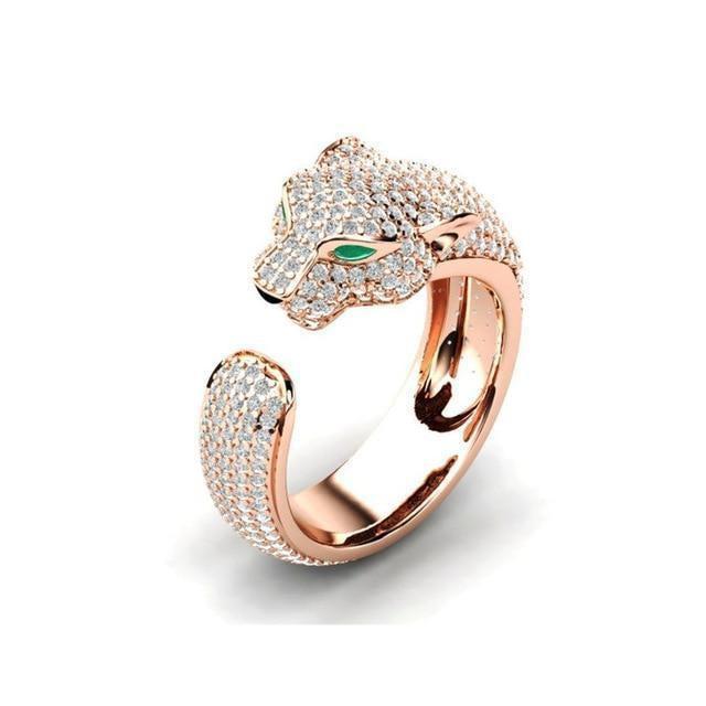 Adjustable Jaguar Ring Made of 18K Silver and 18K Rose Gold with Green Zirconia Eyes
