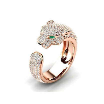 Adjustable Jaguar Ring Made of 18K Silver and 18K Rose Gold with Green Zirconia Eyes